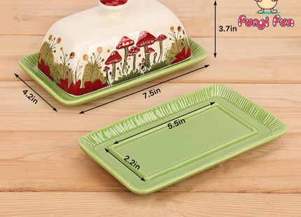 Fungi Fun Ceramic Butter Dish with Lids - Mushroom Butter Containers, White