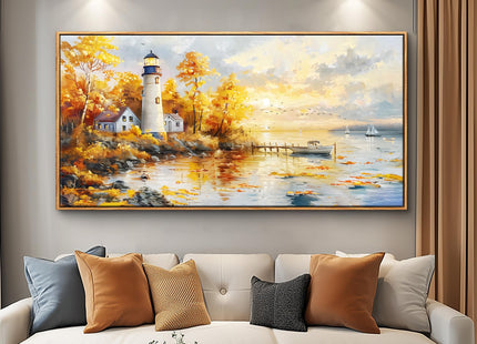 Large Framed Sunset Beach Canvas Wall Art Boat Lighthouse Seascape Painting