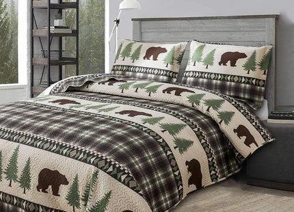 Quilt Set Queen Size Rustic Lodge Plaid Quilt Bed Spread Country Cabin Brown Bear Bedding Lightweight Reversible Quilts Home Bedspread Coverlet with 2 Pillow Shams