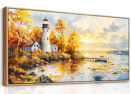 Lighthouse Wall Art,Seaside Birch Tree Landscape Framed Wall Decor 20"X40"