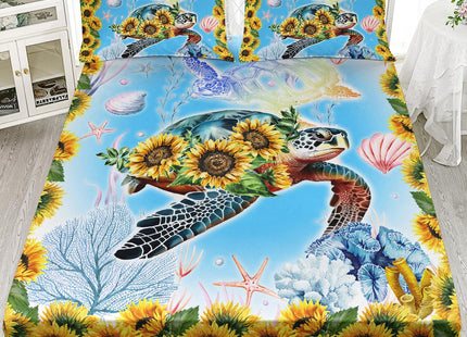 HOSIMA Sunflower Print Sea Turtle Fitted Sheet Set,Coastal Beach Sea Animal Theme Full Size Bedding Sets for Girls Teens Women Bedroom Decor,1 Fitted Sheet+2 Pillowcases.