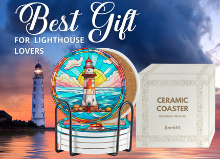 Lighthouse Gifts Coaster, Ceramic, Set of 6, with Gift Box, Absorbent with Cork Base, Home Decor for Family, Housewarming, Thanksgiving, Birthday and Christmas - Lighthouse