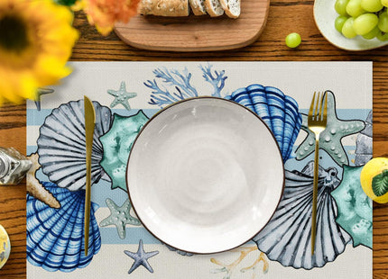 Sea Shell Starfish Beach Placemats Set of 4, 12x18 Inch Seasonal Spring Ocean Coastal Washable Linen Nautical Table Mats for Party Kitchen Dining Decoration