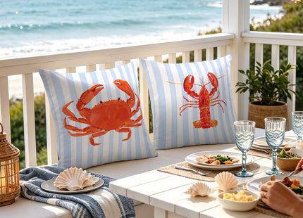 Exqcom Coastal Red Crab Lobster Pillow Covers 18x18 Set of 2, Blue and White Striped Coastal Nautical Crab Throw Pillow Covers for Bedroom Beach House Home, Preppy Beach Room Decor