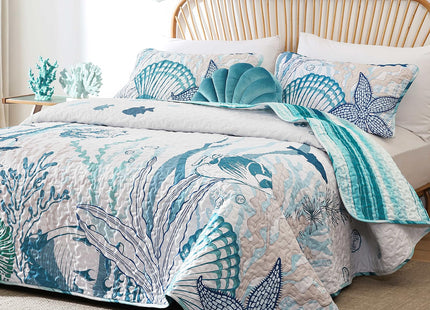 Djoymock Coastal Quilts Bedding Set Queen Size, Summer Green Fish Coral Nautical Bedding Quilt Set with Pillow Cases, Ocean Beach Reversible Bedspreads Coverlet Soft Microfiber Lightweight Comforter