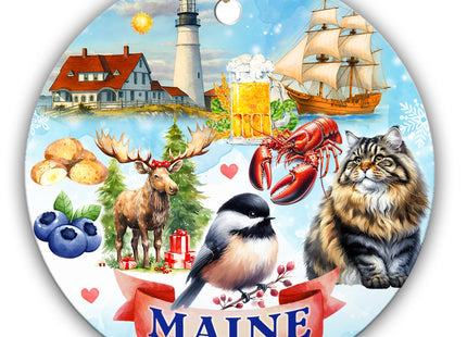 Sportyzen Maine State Christmas Ornament – Portland Head Lighthouse, Moose, Lobster, Blueberries, Chickadee & Sailing Ship – New England Souvenir Gift & Coastal Holiday