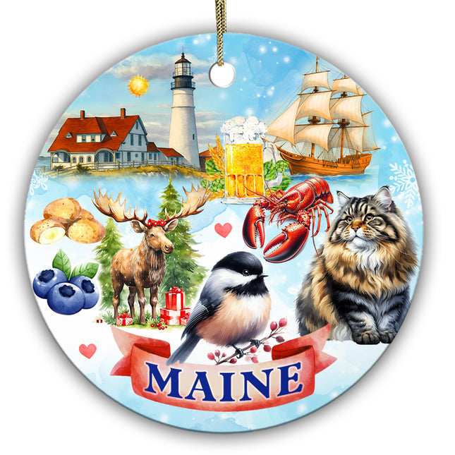 Sportyzen Maine State Christmas Ornament – Portland Head Lighthouse, Moose, Lobster, Blueberries, Chickadee & Sailing Ship – New England Souvenir Gift & Coastal Holiday