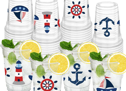 HYMENEX 50 Pcs Nautical Cups, 12 oz Nautical Plastic Party Cups for Home Kitchen Birthday Summer Ocean Party Favors Supplies Decoration