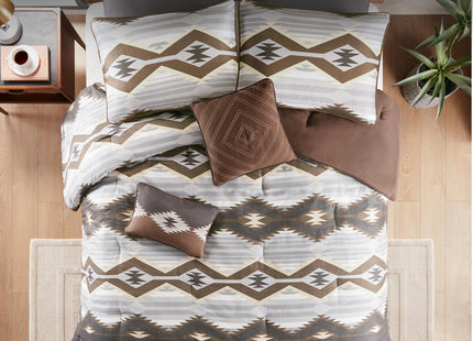 Woolrich Cal King Comforter Set, Southwestern Aztec 8 Piece Bedding Set, Oversized All Season Down Alternative Comforter with Shams, Euro Shams, Decorative Pillows&Bedskirt, Rustic Cabin, Grey Brown