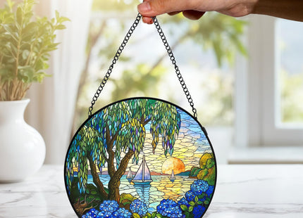 LIANGEAGOM Rustic Beach Sunset Stained Glass Window Hanging, Window Hanging Decor, Sailboat Hydrangea Sailboat Stained Glass Suncatcher Decor Birthday for Mom Men Woman Friend, 7.9x7.9inch