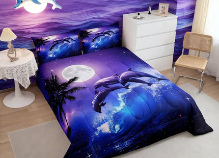 Castle Fairy Dolphin Comforter Set for Boys Girls Kids Teens,3-Pieces Ocean Waves Bedding Comforter Full Size,Moonlight at Night Printed Quilt Set with 2 Pillowcases