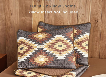 Wake In Cloud - Western Quilt Set, Aztec Southwestern Rustic Farmhouse Country Cabin with Geometric Pattern, Reversible Lightweight Bedspread Coverlet, 3 Pieces, Chocolate Brown, Queen/Full Size