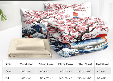 WeCozy Queen Comforter Set with Sheets, 7 Pieces Japanese Ocean Bedding