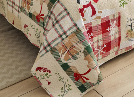 CHESITY Christmas Quilts Set Queen Size Reversible Xmas Bedding Rustic Lodge Quilt Plaid Bedspread Breathable Snowmen Reindeer Coverlet Soft Lightweight Christmas Bedding Decor(90"x90")