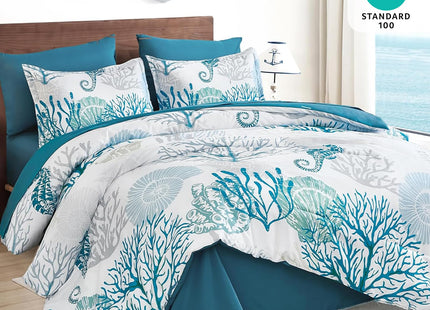 WONGS BEDDING Coastal Comforter Set Queen, Beach Themed Comforter,7 Pieces Ocean Nautical Seaweed & Starfish Bed in a Bag (90"×90")