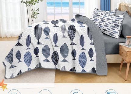 Pamnest Queen Quilt Set, 3 Pieces Coastal Fish Bedding, Bedspread