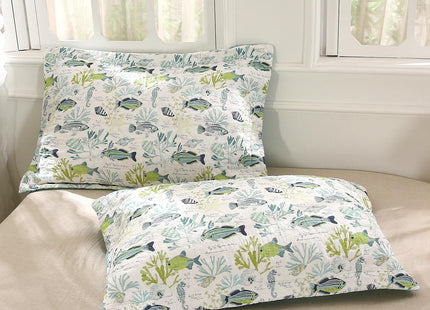 WINLIFE 100% Cotton Coastal Quilt Set Queen Size 90''x98'', Aqua Green Fish