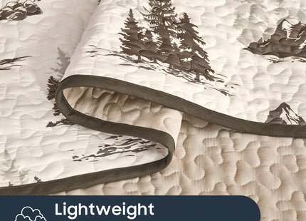 Wake In Cloud - Rustic Quilt Set, Cabin Forest Woodland Camping Theme with Lodge Mountain Print, Reversible Lightweight Bedspread Coverlet, 3 Pieces, Beige Brown, Queen/Full Size