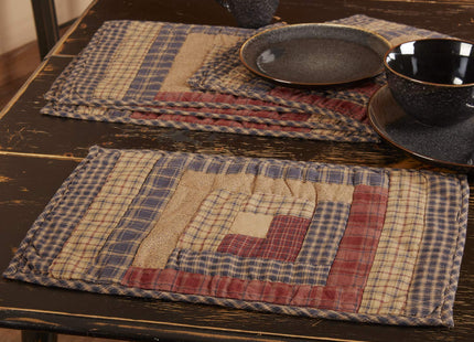 VHC Brands, Millsboro, Cotton, 12x18, Log Cabin, Block Quilted, Placemat Set of 6, Blue