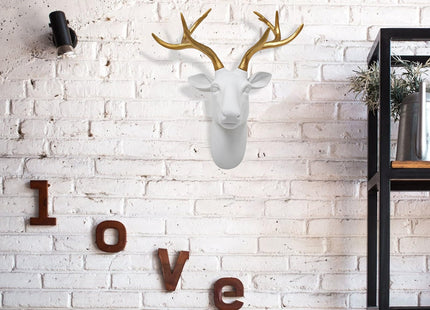 Faux Deer Head Wall Decor, White Fake Furry/Felt/Velvety Resin Deer Head With Gold Antlers for Home/Bar/Office, Size 16" x 12.5" x 7.5" By Smarten Arts