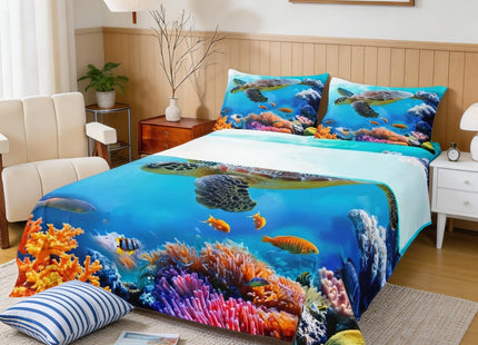 Manfei Sea Turtle Sheet Set Twin,Fish Ocean Animal Bedding for Kids Teens Room Decor,Marine Mediterranean Style Sea Blue Bed Sheet 3pcs with Deep Pocket Fitted Sheet + Flat Sheet + 1 Pillowcase