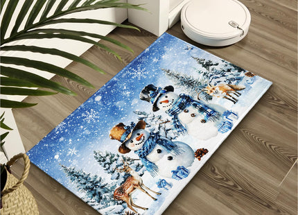 Evlaschin Blue Snowman Bath Rug Winter Forest Deer Fox Wildlife Bathroom Mats Xmas Pine Trees Snowflakes Presents Non-Slip Bathroom Rugs 32x20Inch for Shower Room Bathtub Kitchen Sink Decor