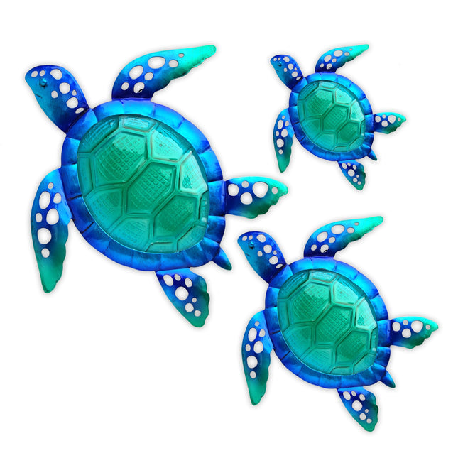 JOYBee Sea Turtle Wall Art Decor, Metal & Glass Sea Life Nautical Home Wall Hanging Decor,Ocean Theme Coastal Decorations for Indoor Outdoor Bathroom and Garden-Blue（Set of 3）