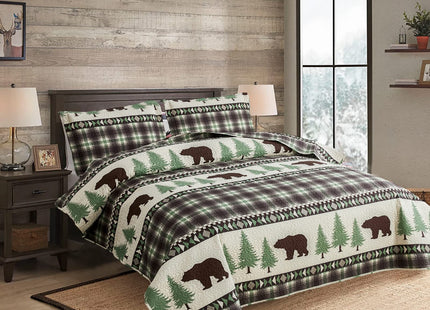 Junsey Rustic Bear Quilts Set Twin Size,Lightweight Plaid Bedspread Coverlet Rustic Lodge Bedding Forest Tree Bed Sheet with Pillswshams