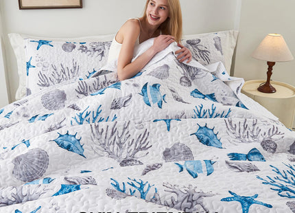 Crossvast Floral Patchwork Quilt Set Queen Size 3 Pieces,Boho Soft Microfiber Quilt Lightweight Coverlet,Bedspread Bedding Set for All Season-90x90inch,Sea Turtle
