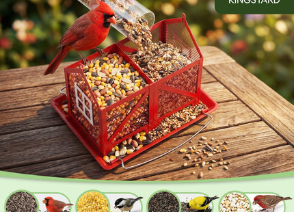 Kingsyard Metal Bird Feeder for Outdoors Hanging, 2-in-1 Wild Bird Feeder with Seed Tray & Built-in Perch, 5 lb Large Capacity for Cardinal Chickadee Finch, Red