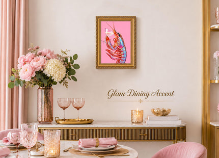 Gold Framed Trendy Pink Cocktail Lobster Canvas Wall Art 12X16in