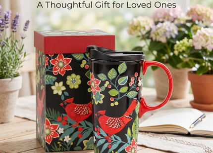TZSSP 17oz Ceramic Travel Mug with Lid, Cardinal Holly Folk Art Coffee Mug