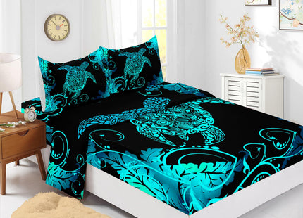 Nttopship Black Sea Turtle 4 Pieces Bed Sheet Sets Queen Size Sea Turtle Bedding Sets with 16" Deep Pockets Oceans and Starfish Bedroom Decor,Bedding Set 4 PCS(1 Fitted+1 Flat+2 Pillowcases)