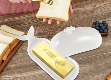 Butter Dish with Lid for Countertop, Cute Whale Design, Ceramic Butter Dish with Handle, Funny Kitchen Decor, Ideal Gifts for Housewarming,Wedding, White
