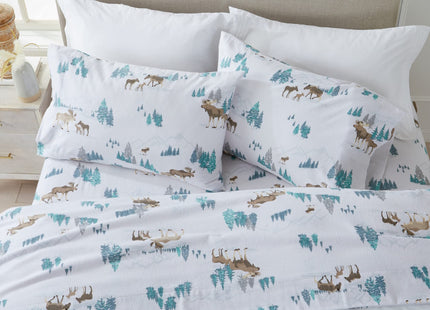 Market & Place 100% Turkish Cotton Flannel Sheet Set | 4 Piece Deep Pocket Novelty Cozy Winter Bed Sheets | Double Brushed for Extra Softness & Comfort | Alpine Collection (Queen, Moose)