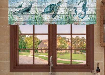Sea Turtle Valances for Windows, Nautical Shark Valance Curtains, Coastal Marine Life Kitchen Curtains, Bathroom Curtains Window 54x18 Short Curtains, Kitchen Window Curtains Over Sink, Cafe Curtains