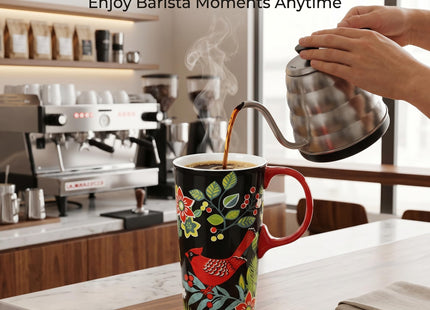 TZSSP 17oz Ceramic Travel Mug with Lid, Cardinal Holly Folk Art Coffee Mug