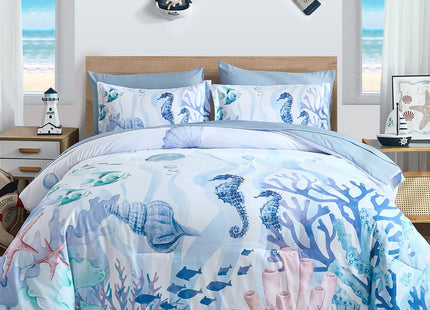 Coastal Comforter Set Queen, Coral Beach Themed Comforters Diving Deep Ocean Bedding with Sheets 7 Pieces Bed in a Bag for Spring Summer House Conch Decor
