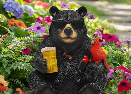 YHSOLAR Solar Black Bear Statue for Garden with Beer and Cardinals