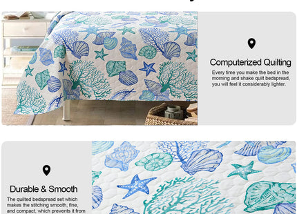 Coastal Quilt Set Full/Queen Size Ocean Themed Bedding Summer Beach Quilts Set Lightweight Reversible Bedspread Coverlets Seashell Starfish Seaweed Bed Spread Soft Home Bed Cover with 2 Pillow Shams