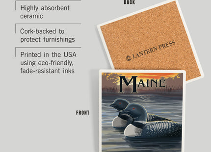 Lantern Press Maine, Loon Family (Absorbent Ceramic Coaster, Single, Cork Back, Kitchen Table Decor)