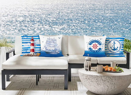 Bonhause Nautical Sailing Throw Pillow Covers 18 x 18 Inch Set of 4 Blue Anchor Lighthouse Sailboat Decorative Throw Pillow Cases Soft Velvet Outdoor Cushion Covers for Sofa Car Bedroom Home Decor