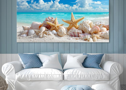 BewDalky Coastal Seashell Conch Canvas Wall Art Summer Beach Pictures Seaside Starfish Bathroom Wall Decor Modern Blue Ocean Theme Artwork Prints for Living Room Bedroom Home Decoration 23" x 46"