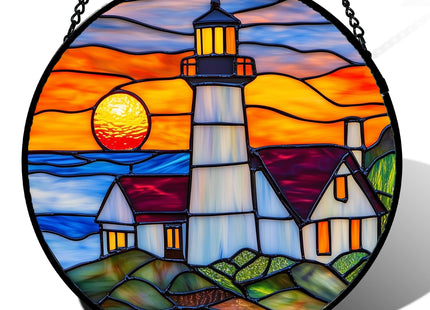JOSUMALY Stained Glass Window Hanging - Sea Lighthouse Suncatcher for Door Terrace Garden Home Decor Sunset Beach Scenery Sun Catcher Birthday Gifts for Lovers Women Men Dad Mom Nana 6.3 in