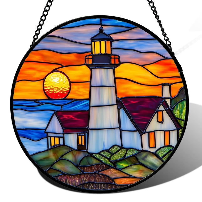 JOSUMALY Stained Glass Window Hanging - Sea Lighthouse Suncatcher for Door Terrace Garden Home Decor Sunset Beach Scenery Sun Catcher Birthday Gifts for Lovers Women Men Dad Mom Nana 6.3 in