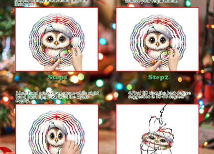 Christmas Owl Wind Spinner,3D Owl Spinner for Yard and Garden 3D Steel Wind Spinners Outdoor Hanging Decorations10 inch 3D Xmas Cute Owl Swirl