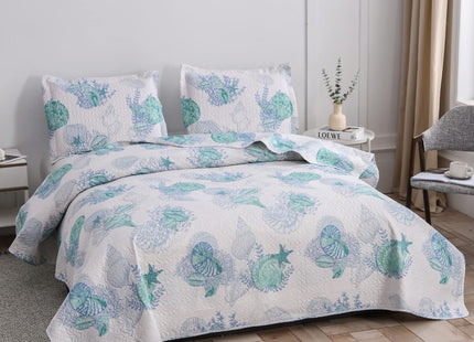 Oliven 3 Pcs Blue Green Coastal Quilt King Size Lightweight Summer Beach Bedspread Ocean Theme Conch Shell Bedding Soft Seashell Seaweed Starfish Coverlet Set Seaside Home Decor