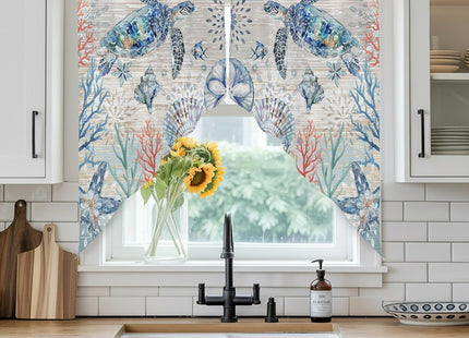 Ocean Sea Turtles Nautical Swag Valances for Windows Rod Pocket Kitchen Window Curtains Over Sink, Rustic Wood Beach Kitchen Curtains Sets, Swag Curtains Valance for Living Room, 28"x36" Set of 2