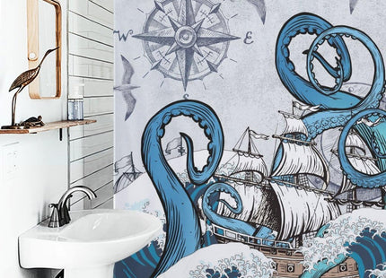 Lnepty Nautical Octopus Shower Curtain,Navy Blue Funny Ocean Kraken Shower Curtains for Bathroom Anchor Coastal Map Waterproof Fabric Bath Curtain Decor with Hooks,72x72Inch