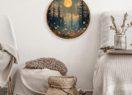 XPH Moonlit Wildflower Forest Round Wall Art Framed, Mystical Full Moon Woodland Circle Wall Decor, Rustic Nature Nightscape Floral Hanging Canvas Prints for Office Home Decoration, 10x10 Inch